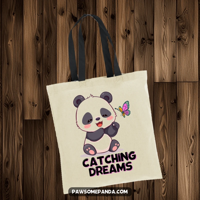 Funny tote bag depicting a giggling panda attempting to catch a fluttering butterfly, a charming accessory for animal lovers.