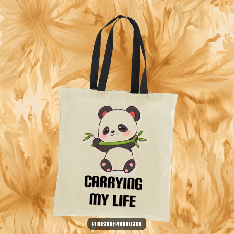 Funny balancing panda tote bag depicting a panda character attempting to balance a long bamboo stalk, perfect for carrying daily items.