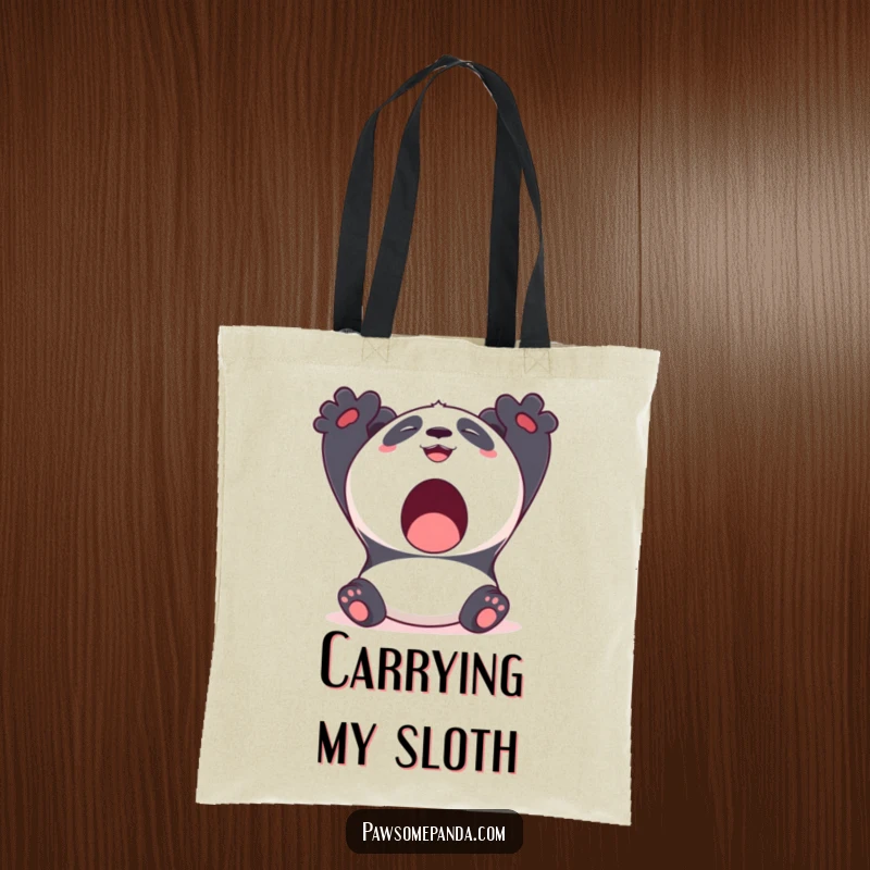Funny Kawaii Panda Tote Bag showing a cute panda bear stretching with a big yawn and a smile, perfect for everyday use.