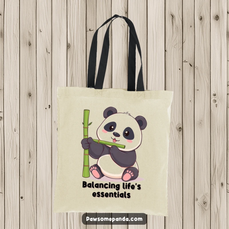 Funny panda tote bag featuring a chubby panda bear trying to balance a bamboo shoot on its nose, very humorous.