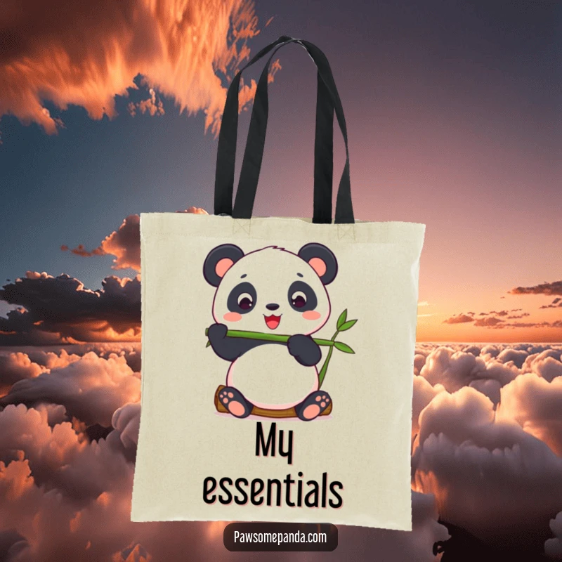 Funny panda balancing a piece of bamboo on a reusable tote bag, perfect for carrying calm.