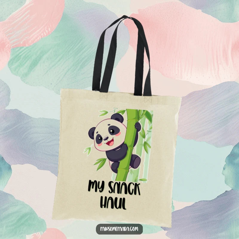 Funny tote bag showcasing a happy, grinning panda character ascending a bamboo stalk, perfect for carrying items with a touch of humor.