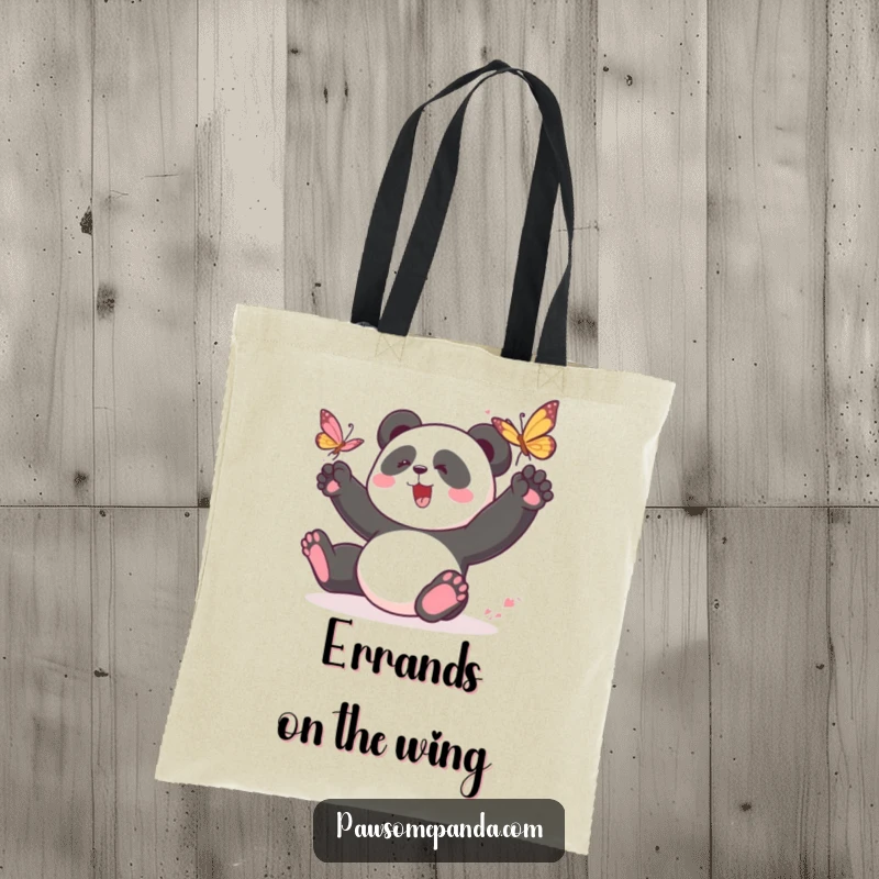 Funny panda tote bag with a playful panda character chasing a butterfly, perfect for daily use and spreading energetic cheer.