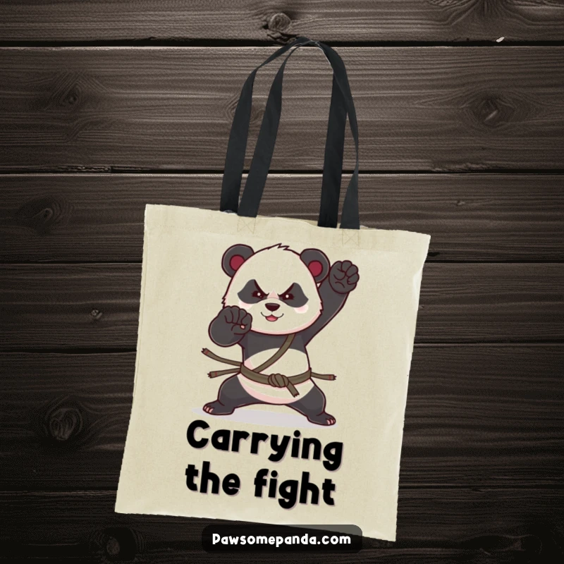 Funny tote bag showing a panda in a strong martial arts stance, ideal for carrying gym gear with a touch of humor.
