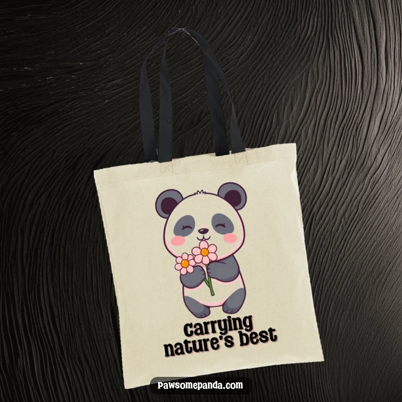 Funny panda tote bag with a delighted panda holding a flower, perfect for daily use and spreading floral cheer.