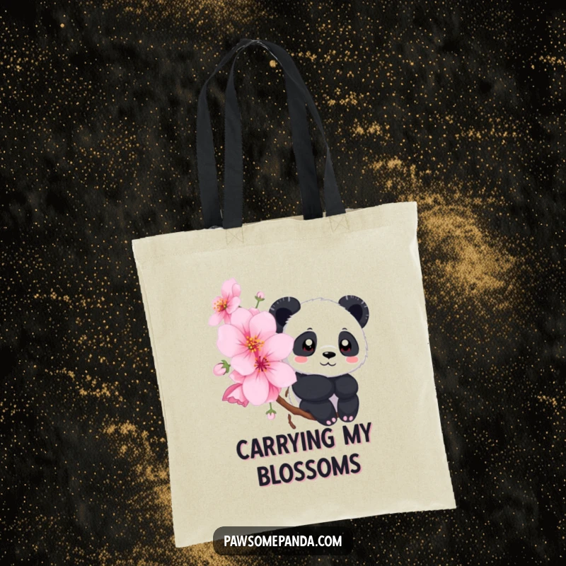 Funny tote bag featuring a panda peeking shyly from behind a large, delicate cherry blossom flower, evoking cuteness.