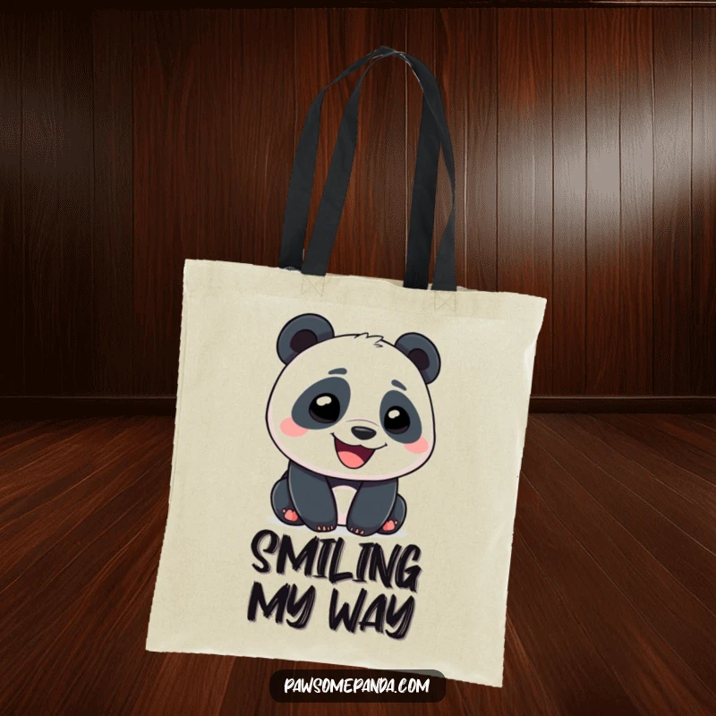 Funny Panda Tote Bag with a character displaying a wide, goofy grin, great for shopping and spreading cheer.