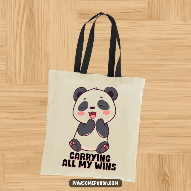 Funny tote bag depicting a jubilant panda friend clapping its paws in a moment of pure, unbridled joy and excitement.