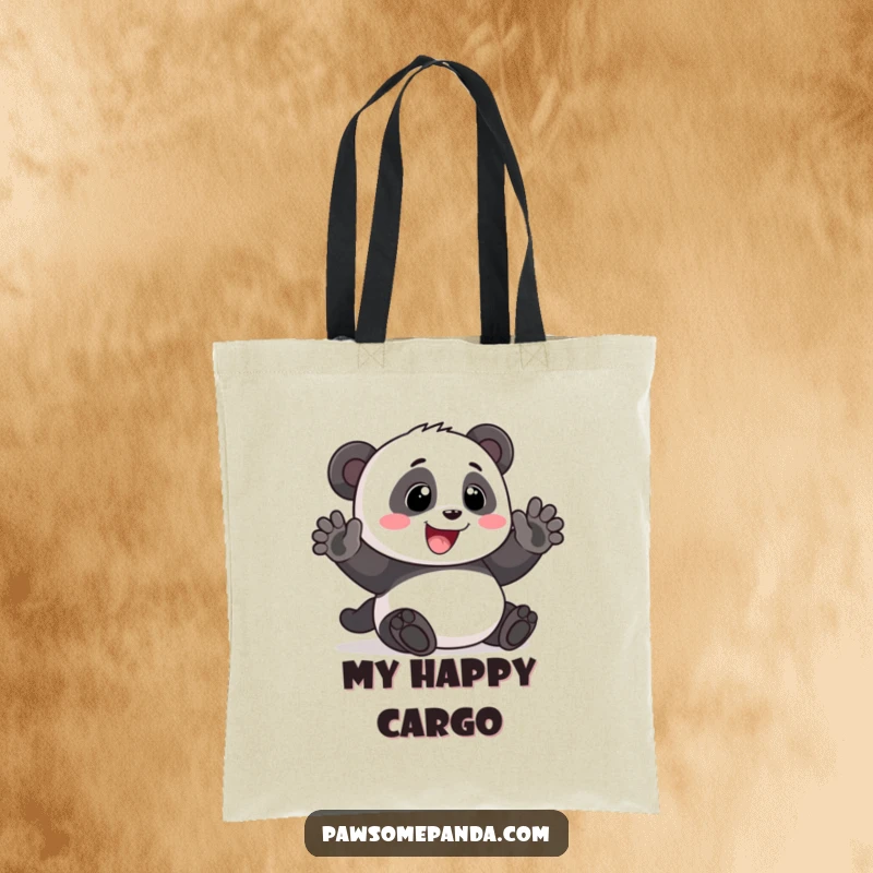 Funny Tote Bag: A happy panda waving with a wide smile, perfect for carrying essentials with friendly humor, a funny gift.
