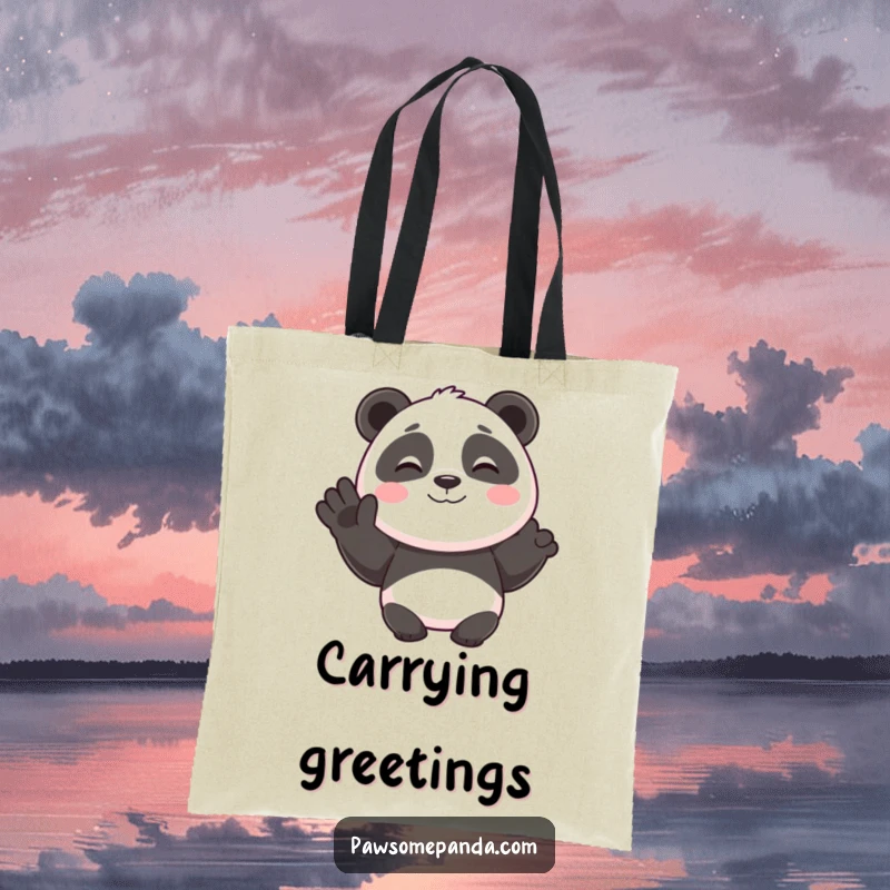 Funny tote bag graphic of a smiling panda character giving a happy wave, perfect for shopping and spreading cheer.