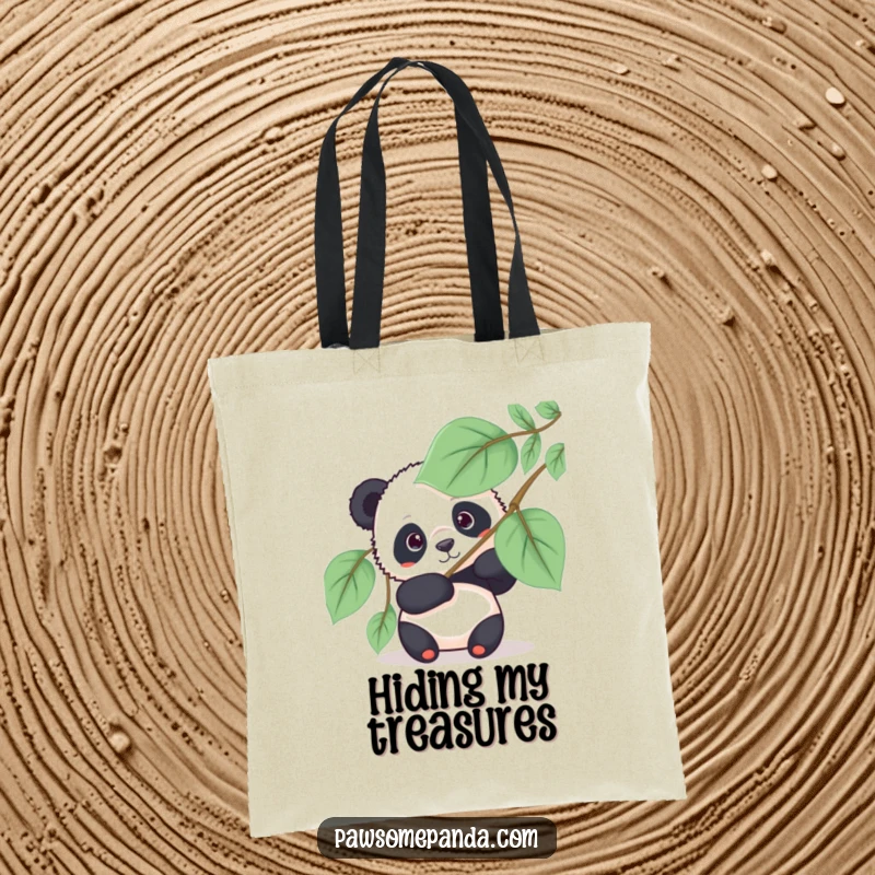 Funny panda tote bag with a curious panda bear peeking from behind a large leafy fan, adding a humorous mystery.