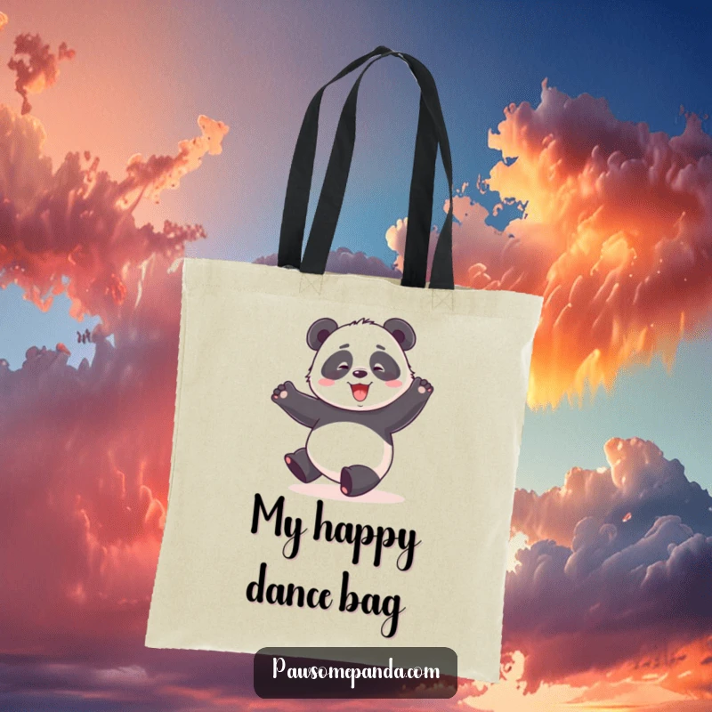 Funny tote bag with a panda character performing a clumsy, happy dance with arms raised high in celebration.