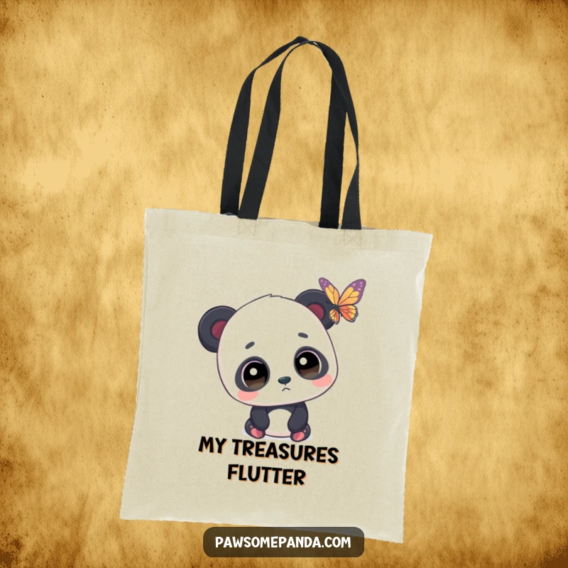 Funny tote bag with a panda character looking with wide eyes at a butterfly, showcasing a love for nature and gentle moments.