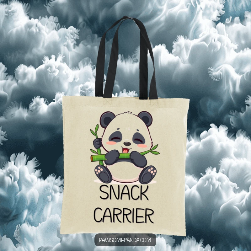 Funny tote bag with a content panda happily eating bamboo with closed eyes, perfect for carrying essentials peacefully.